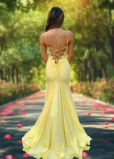 Isabella | Stunning Yellow Satin Mermaid Backless Prom Dress with Slit - Yellow - PromDressClub
